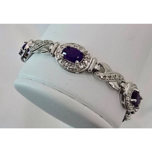 ROSS SIMONS 925 Sterling Silver Amethyst & White Topaz Gems Tennis Bracelet - Picture 3 of 5